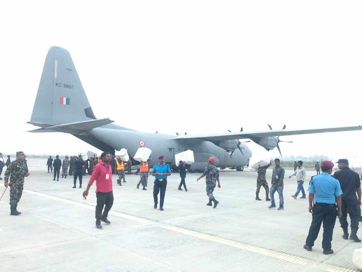 Indian ship carrying third consignment of relief materials at Nepalgunj airport